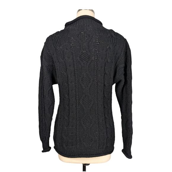 Vintage Floral Sweater M Black Wool 90s Roll Collar Cable 3D Knit Whimsigoth - Picture 4 of 11